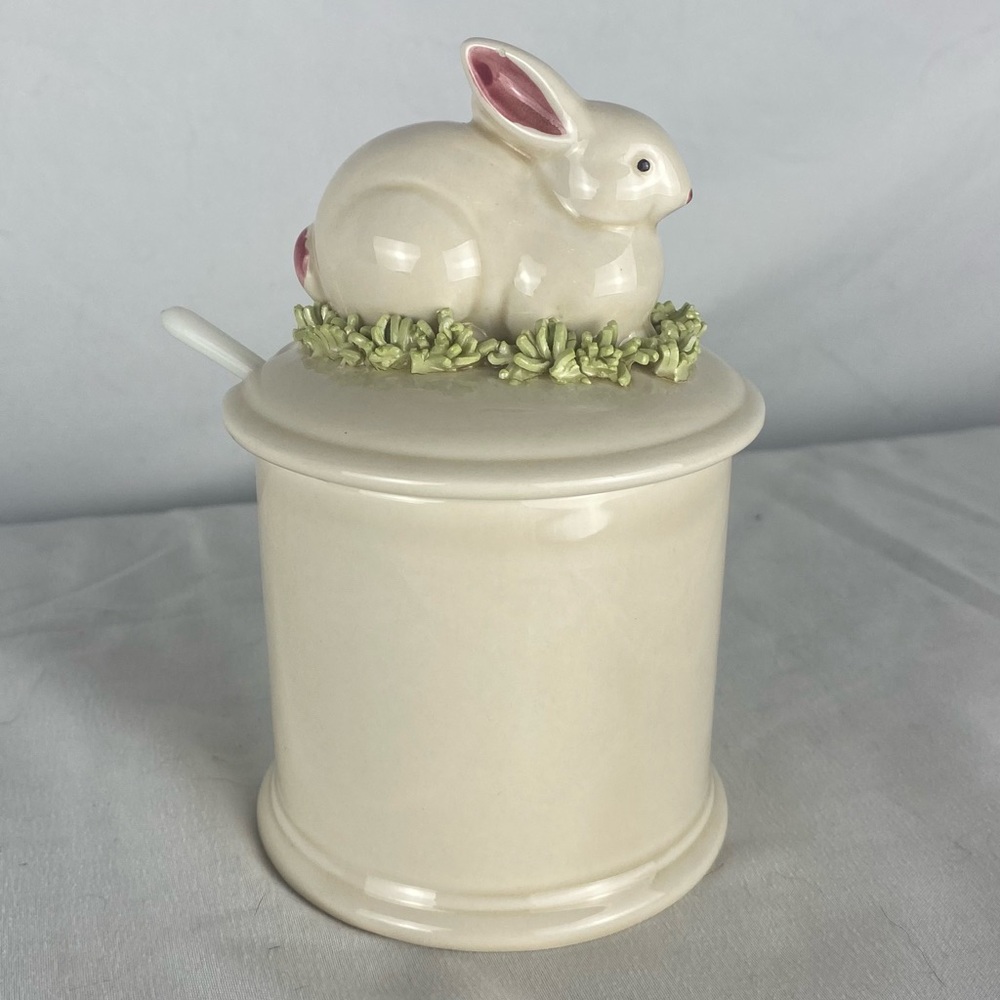 1981 3piece Fitz and Floyd bunny Rabbit Jelly Jam Jar w/ Lid & Spoon Collectible